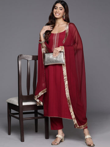 Varanga Women Maroon Round Neck, Spaghetti Strap Style Straight Kurta Paired With Tonal Bottom And Dupatta